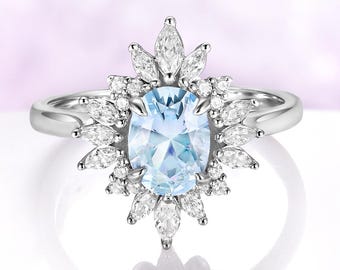 Aquamarine Ring Sterling Silver Oval Aquamarine Halo Ring Lab Aquamarine Cocktail Engagement Ring