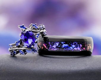 Cornflower Sapphire & Galaxy Orion Nebula Couples Ring- His and Hers Ring Set- Black Purple Matching Wedding Bands- Outer Space Couples Ring