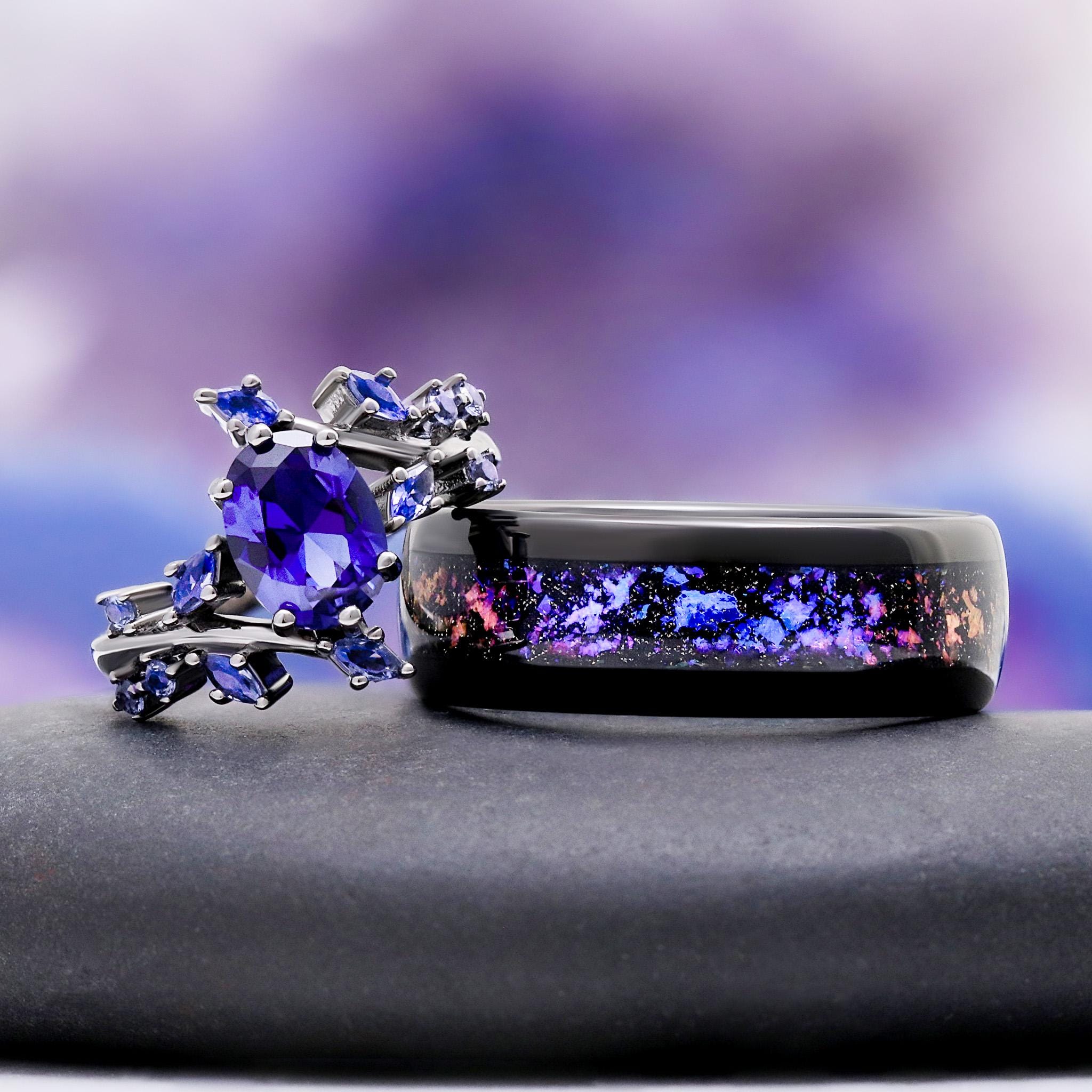 Cornflower Sapphire & Galaxy Orion Nebula Couples Ring- His and