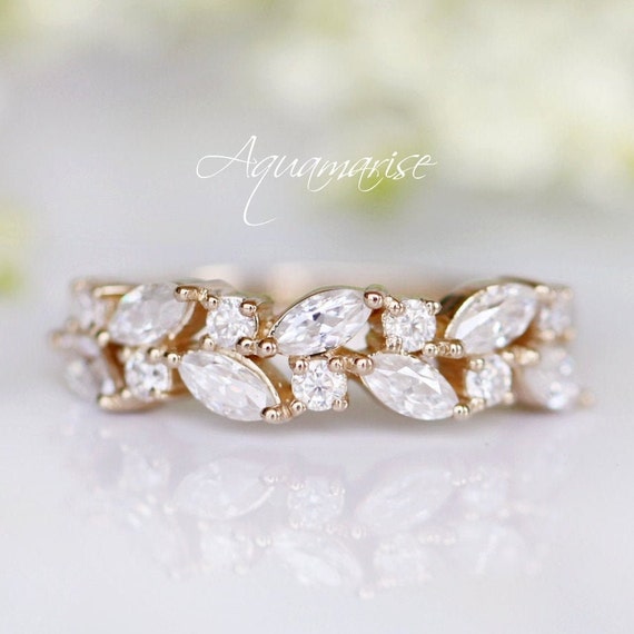 Vintage Diamond Wedding Band For Women 14K Solid Yellow Gold Marquise Moissanite Engagement Ring Cluster Unique Wedding Band Gift For Her