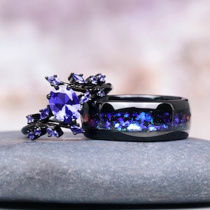 Cornflower Sapphire & Galaxy Orion Nebula Couples Ring- His and Hers Ring Set- Black Purple Matching Wedding Bands- Outer Space Couples Ring