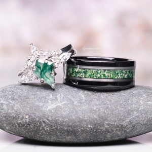 Kite Green Moss Agate Ring Set For Couples- His and Hers Wedding Band Silver & Black Tungsten Wedding Band Ring Matching Nature Promise Ring