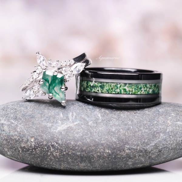 Kite Green Moss Agate Ring Set For Couples- His and Hers Wedding Band Silver & Black Tungsten Wedding Band Ring Matching Nature Promise Ring