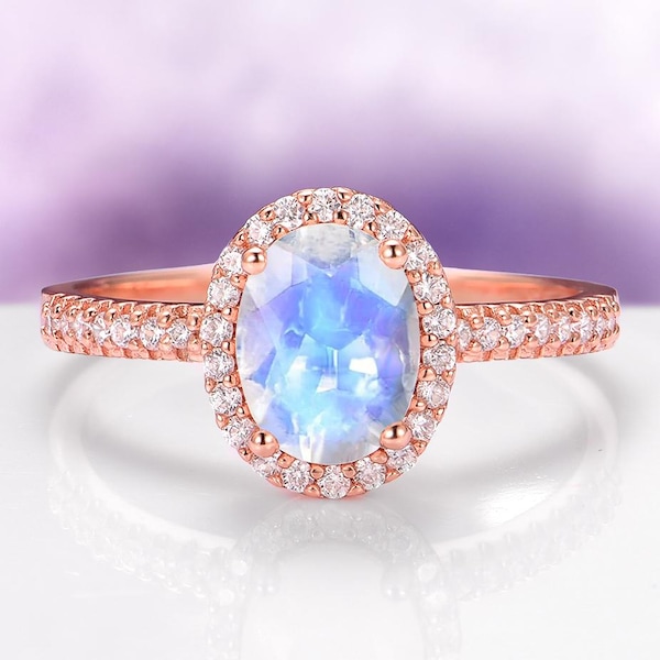 Natural Moonstone Engagement Ring in 14K Rose Gold Vermeil- Dainty Raw Gemstone Promise Ring- June Birthstone- Anniversary Gift For Her