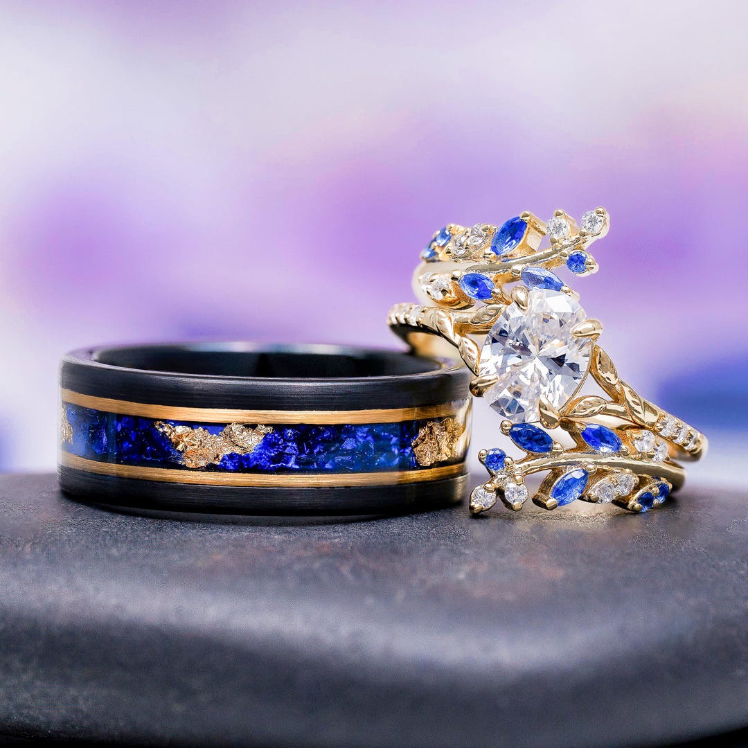 Blue Sapphire & Diamond Gold Leaf Couples Ring Set His and Hers