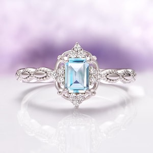 Vintage Natural Aquamarine Ring Sterling Silver Emerald Cut Engagement Ring For Women March Birthstone Promise Ring Anniversary Gift For Her