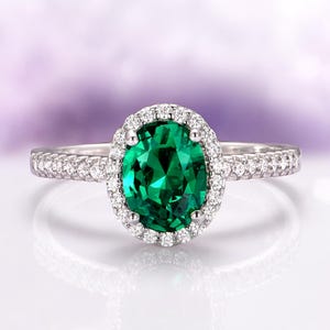 Oval Emerald Ring in Sterling Silver Minimalist Halo Emerald Engagement Ring Promise Ring- May Birthstone- Anniversary Birthday Gift For Her