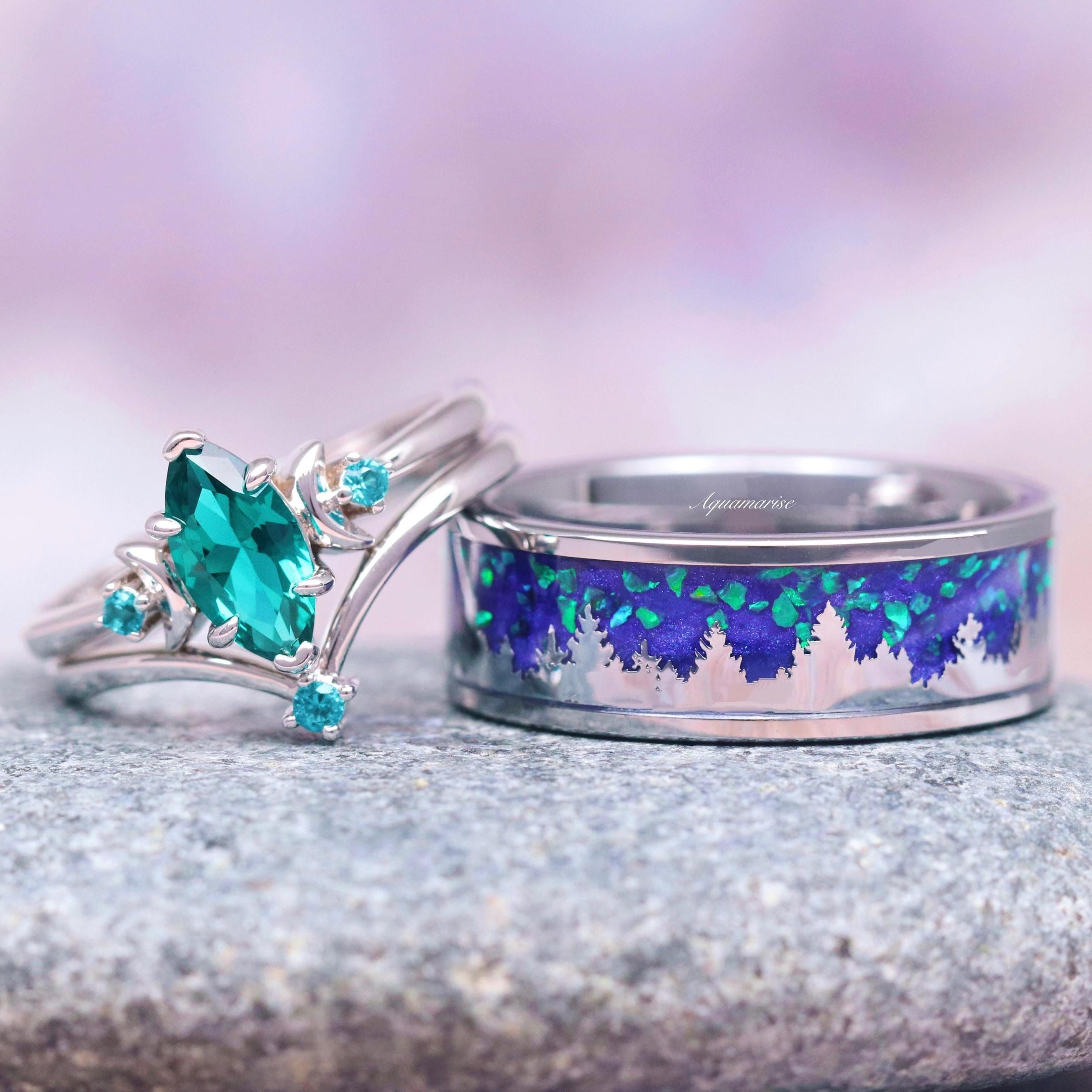Borealis Forest & Teal Sapphire Couples Ring Set- His and Hers Wedding Bands- Northern Lights Tree Matching Rings- Starry Night Couples Ring