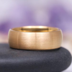 Gold Tungsten Wedding Band- 8MM Yellow Gold Tungsten Carbide Unisex Ring- Brushed Comfort Fit- His or Hers Promise Ring or Anniversary Gift