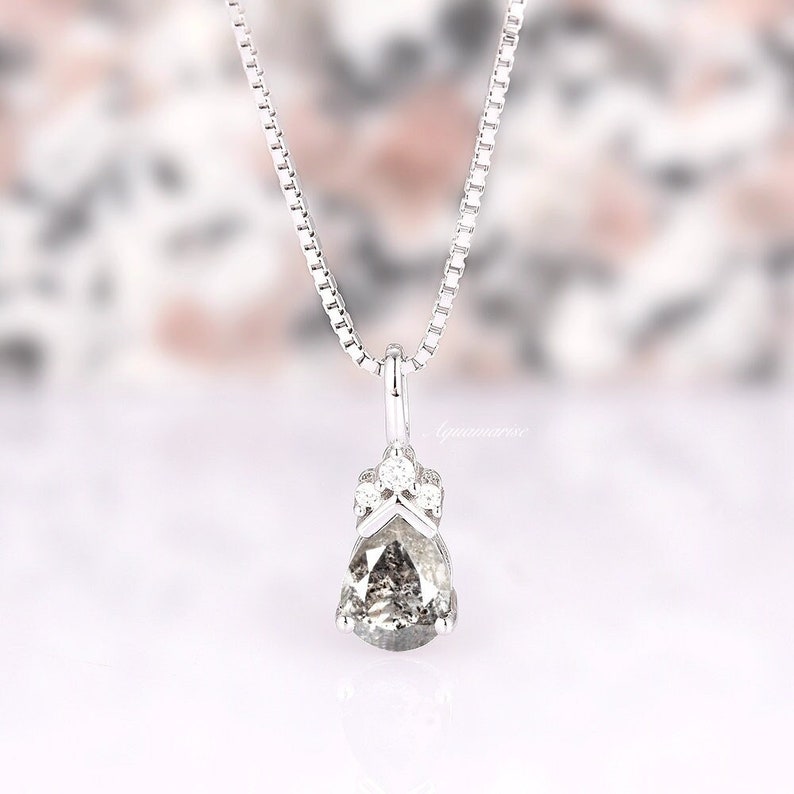 Galaxy Raw Salt & Pepper Diamond Necklace For Women 925 Sterling Silver Teardrop Herkimer Diamond Unique Jewelry Anniversary Gift For Her image 1