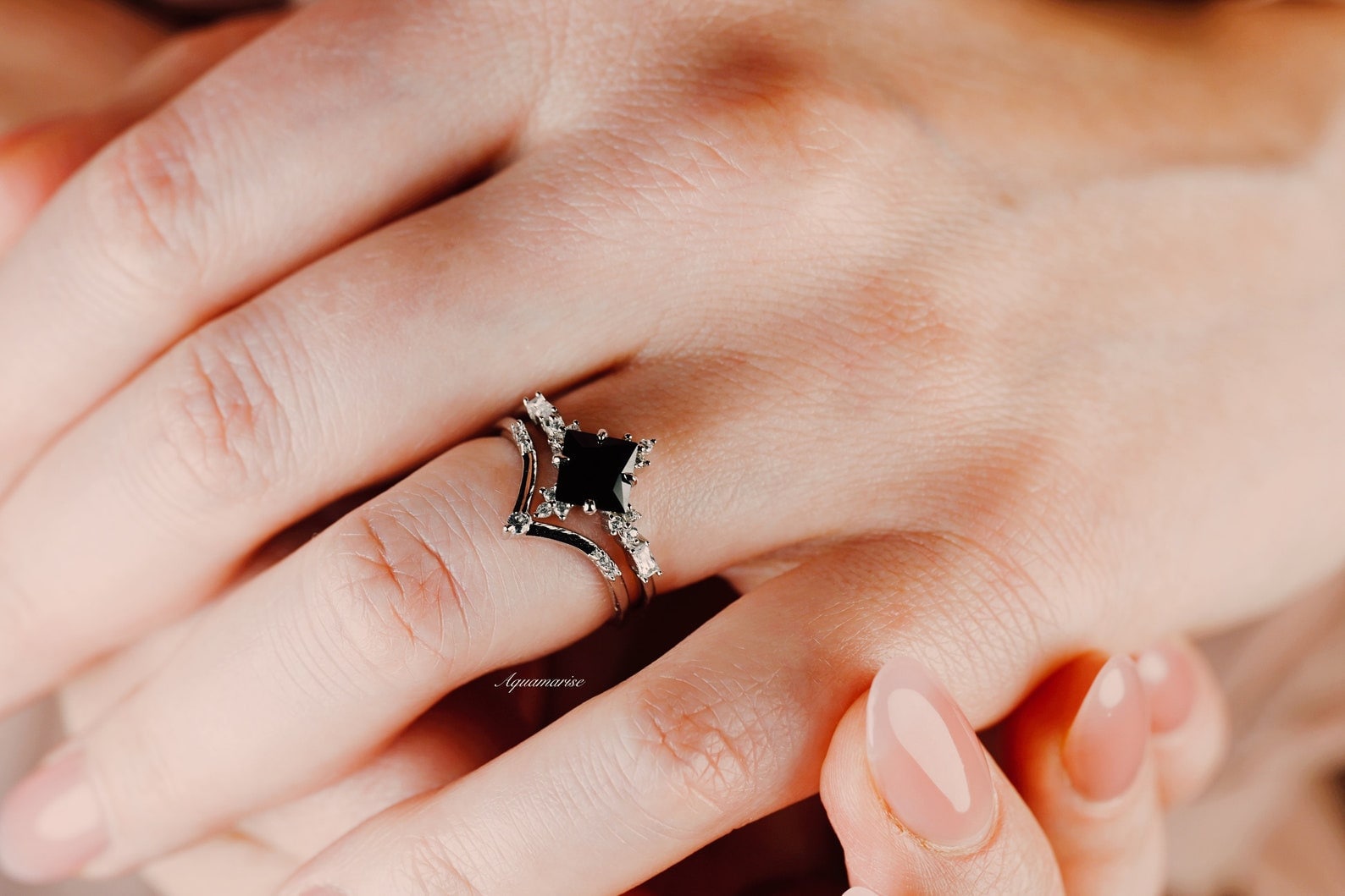 Black Onyx & Meteorite Couples Ring Set- His and Hers