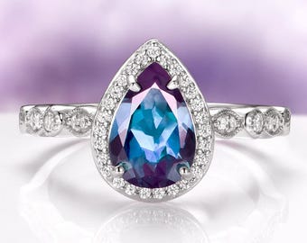 Teardrop Alexandrite Engagement Ring in 925 Sterling Silver- Art Deco Vintage Promise Ring June Birthstone Anniversary Birthday Gift For Her