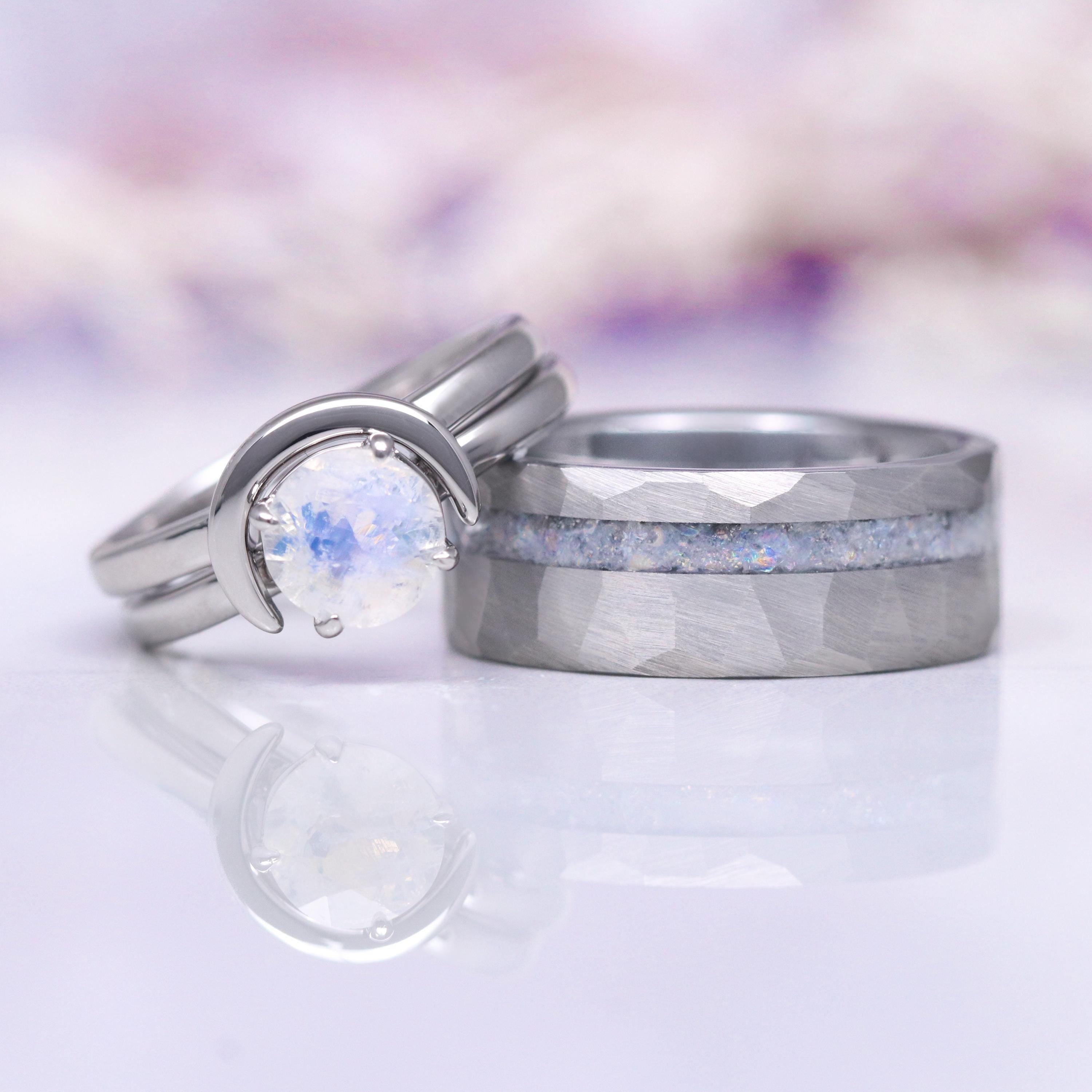 Moonstone Couples Ring- Crescent Moon His and Hers Ring Set