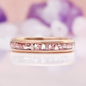 Morganite Wedding Band 4mm Rose Gold Tungsten Crushed Pink Gemstone Inlay Ring Bild 1