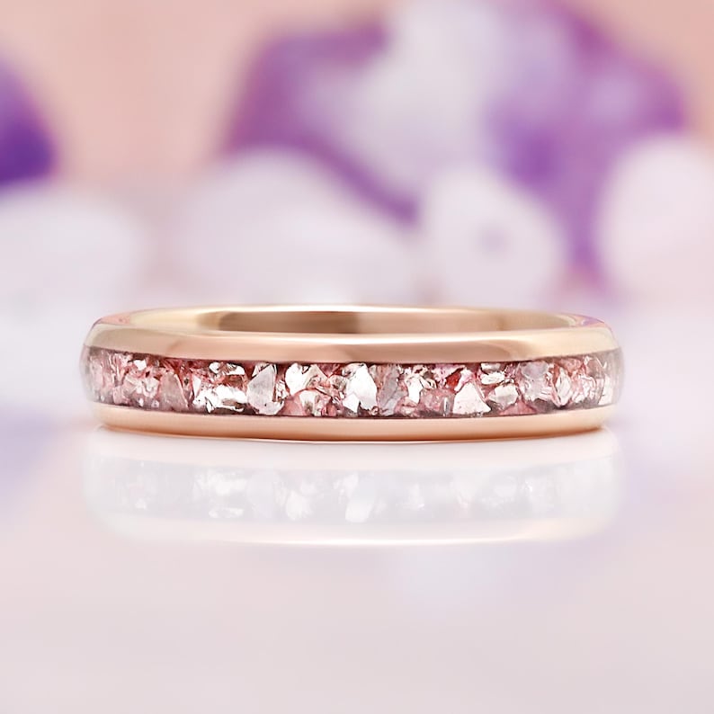 Morganite Wedding Band 4mm Rose Gold Tungsten Crushed Pink Gemstone Inlay Ring Bild 1