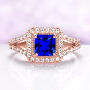Lab Grown Blue Sapphire Engagement Ring Princess Cut Halo Split Shank Rose Gold Vermeil