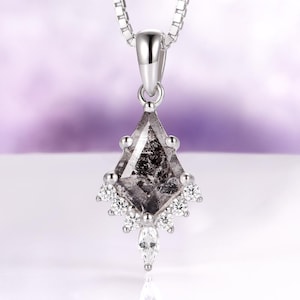 Galaxy Raw Salt & Pepper Diamond Necklace For Women- 925 Sterling Silver Kite Cut Herkimer Diamond Unique Jewelry Anniversary Gift For Her