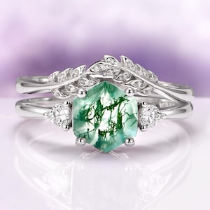 Moss Agate Ring Set Hexagon Cut Sterling Silver Fairy Leaf Promise Ring
