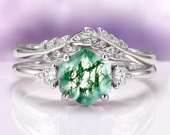 Anillo de hoja de ágata musgosa en plata de ley 925. Anillo de compromiso hexagonal de hada inspirado en la naturaleza. Anillo de promesa único, regalo de aniversario para ella.