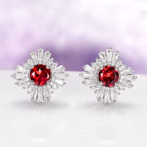 Natural Red Garnet Earrings in 925 Sterling Silver- Art Deco Vintage Stud Earrings- Gatsby January Birthstone Anniversary Gift For Her