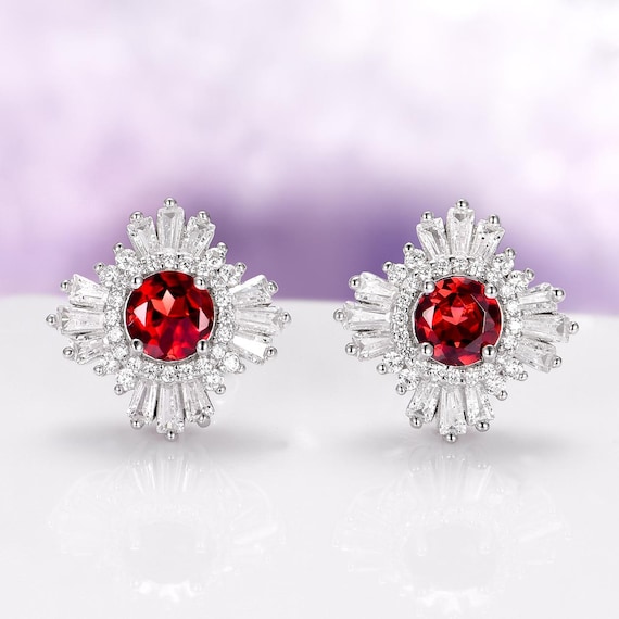 Natural Red Garnet Earrings in 925 Sterling Silver- Art Deco Vintage Stud Earrings- Gatsby January Birthstone Anniversary Gift For Her