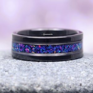 Starry Night Men&#39;s Wedding Band- Crushed Blue Fire Opal & Galaxy Sandstone Tungsten Outer Space Ring 8mm Wedding Ring- Promise Ring For Him