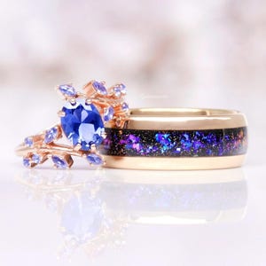 Orion Nebula & Cornflower Sapphire Leaf Couples Ring- His and Hers Ring Set- Rose Gold Wedding Bands with Sapphire- Outer Space Couples Ring