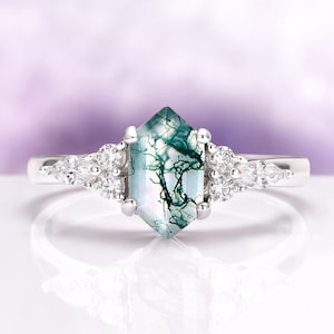 Anillo de ágata musgosa hexagonal – Anillo de compromiso natural de plata de ley