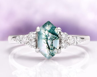 Hexagon Moss Agate Ring – Sterling Silver Natural Engagement Ring