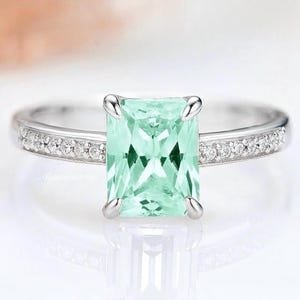 Mint Green Sapphire Ring- Sterling Silver Genuine Teal Sapphire Engagement Ring- Emerald Cut Promise Ring September Birthstone Gift For Her