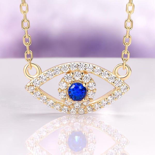 Collier saphir bleu mauvais œil en or jaune 14 carats vermeil, pierre de naissance de septembre, superposition de collier - collier de protection, cadeau d'anniversaire pour elle