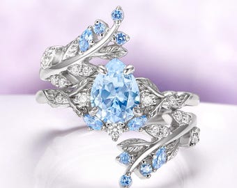 Aquamarine Engagement Ring Set Pear Sterling Silver Leaf Enhancer Wisteria Fairy March Birthstone Bridal Promise
