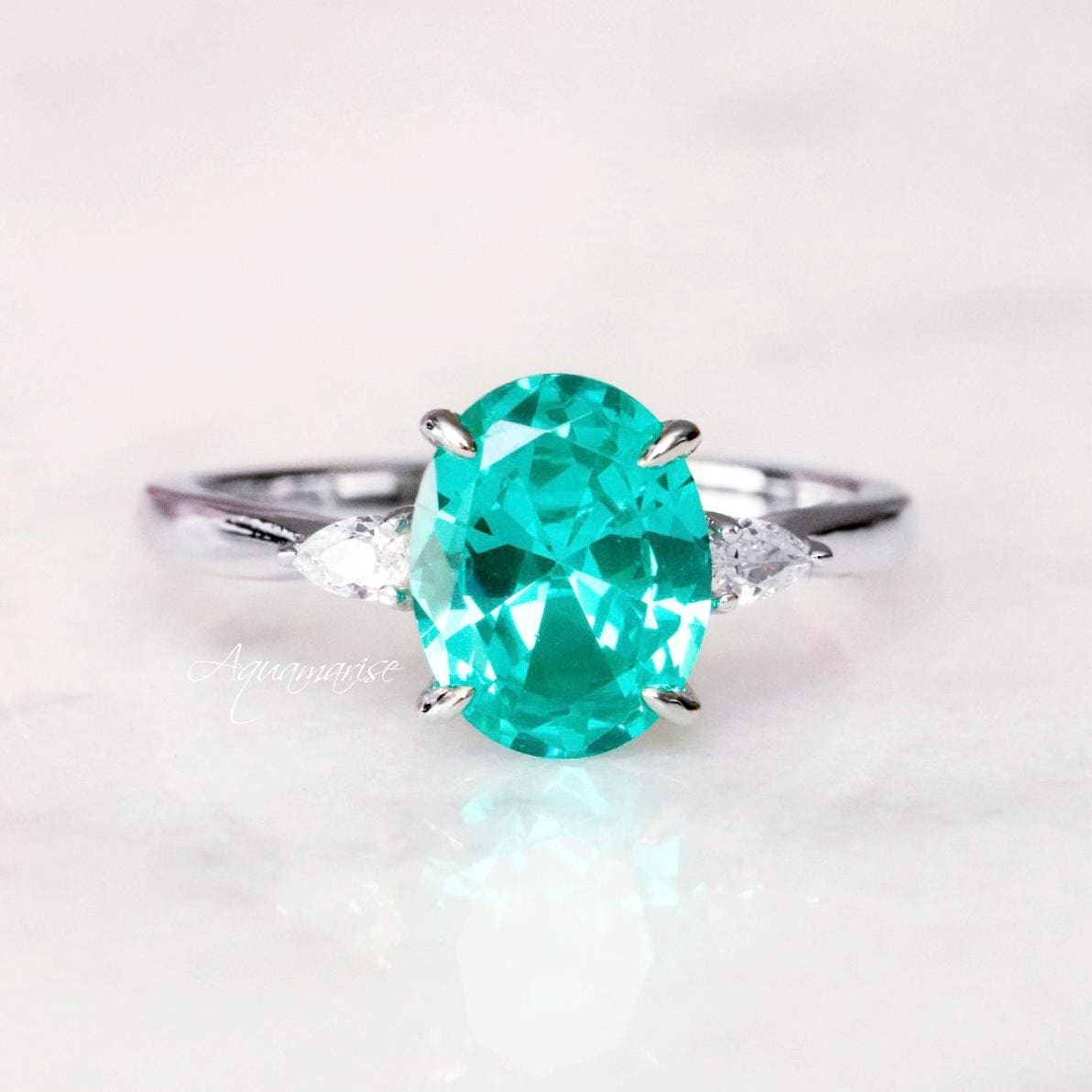 Oval Paraiba Tourmaline Ring- Sterling Silver Engagement Ring For Women - Promise Ring Neon Turquoise Teal Gemstone Ring October Birthstone