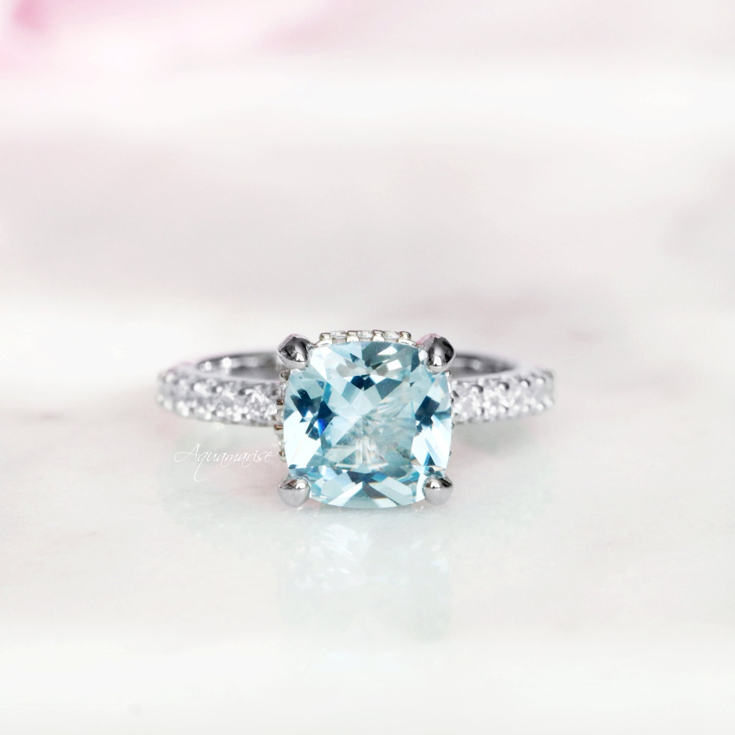 Cushion Aquamarine Ring- Sterling Silver Ring- Hidden Halo Engagement…