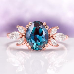 Alexandrite Engagement Ring Lab Grown Oval Lotus Flower 14K Rose Gold Vermeil