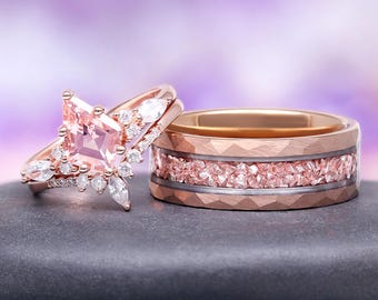 Skye Morganite Couples Ring Set- His and Hers Wedding Band