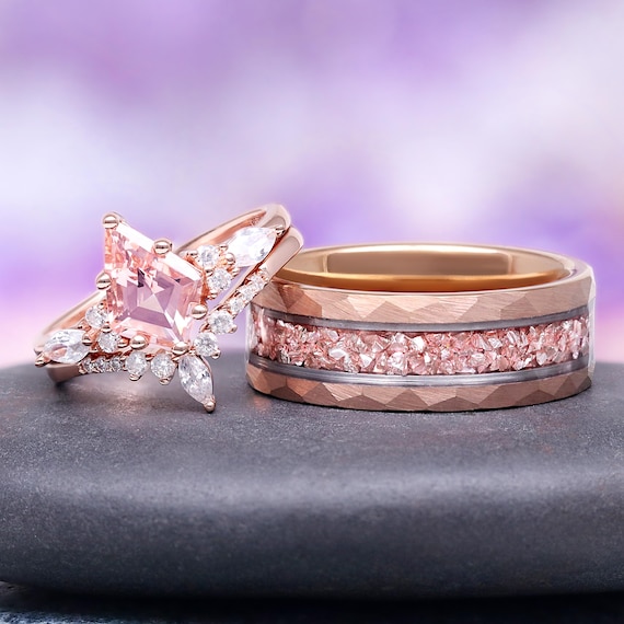 Skye Morganite Couples Ring Set- His and Hers Wedding Band