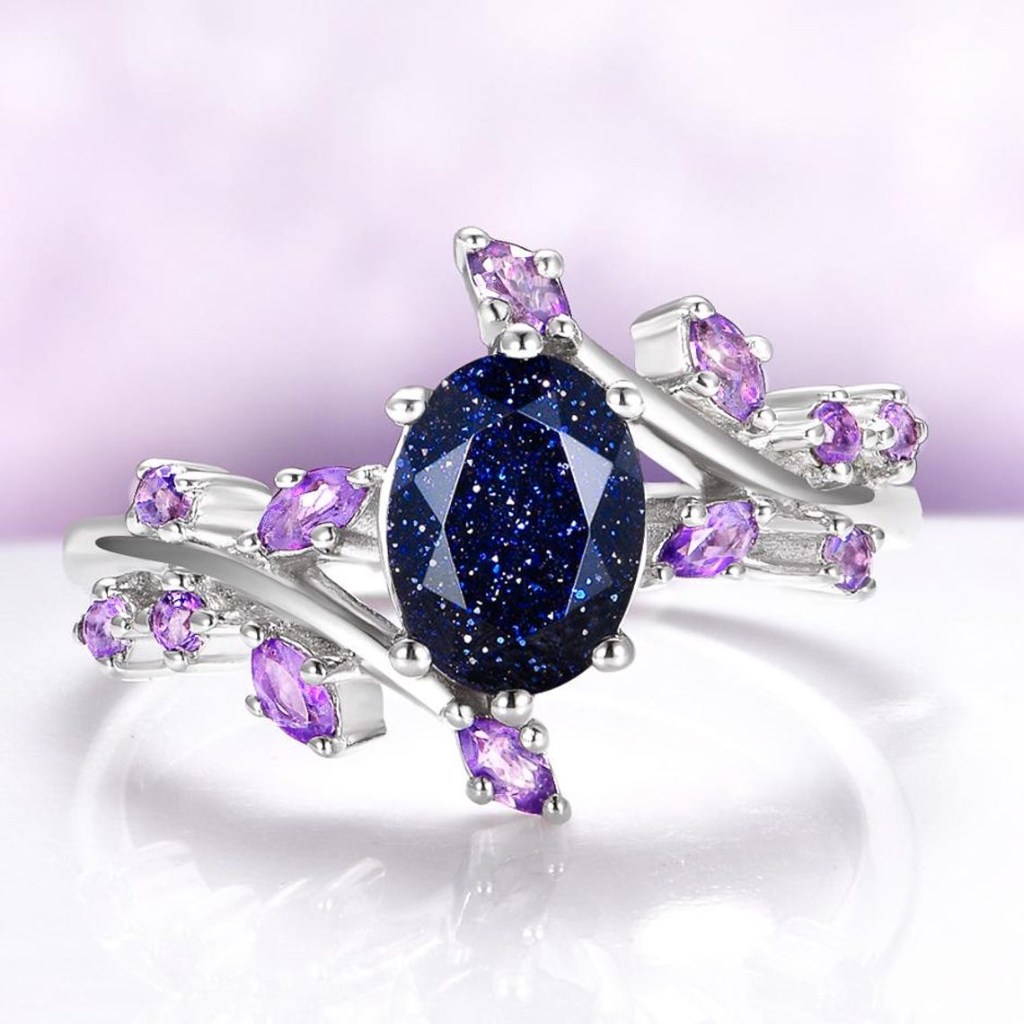 Starry Night™ Galaxy Engagement Ring – Blue Sandstone & Amethyst Ring ...