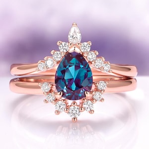 Alexandrite Engagement Ring Set in 14K Rose Gold Vermeil- Unique Teardrop Dainty Promise Ring- June Birthstone- Anniversary Gift For Her