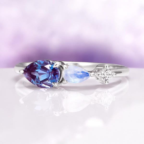 Alexandrite & Moonstone Ring- 925 Sterling Silver Gemstone Engagement Ring For Women Promise Ring June Birthstone Anniversary Gift For Her