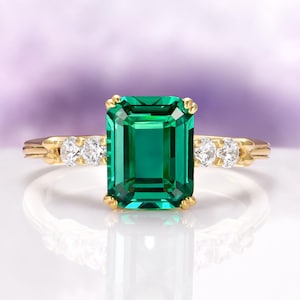 Emerald Engagement Ring in 14K Yellow Gold Vermeil- Emerald Cut Vintage Unique Gold Promise Ring- May Birthstone- Anniversary Gift For Her