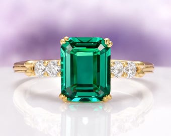 Emerald Engagement Ring in 14K Yellow Gold Vermeil- Emerald Cut Vintage Unique Gold Promise Ring- May Birthstone- Anniversary Gift For Her