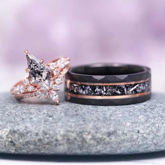 Galaxy Salt Pepper Diamond, Meteorite Couples Ring Set- His and