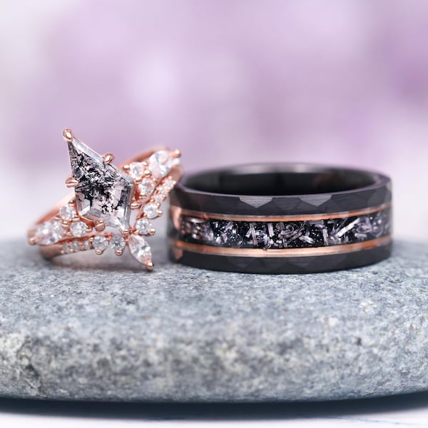 Galaxy Salt & Pepper Diamond, Meteorite Couples Ring Set- His and Hers Cosmic Wedding Bands Rose Gold Vermeil Tungsten Matching Promise Ring