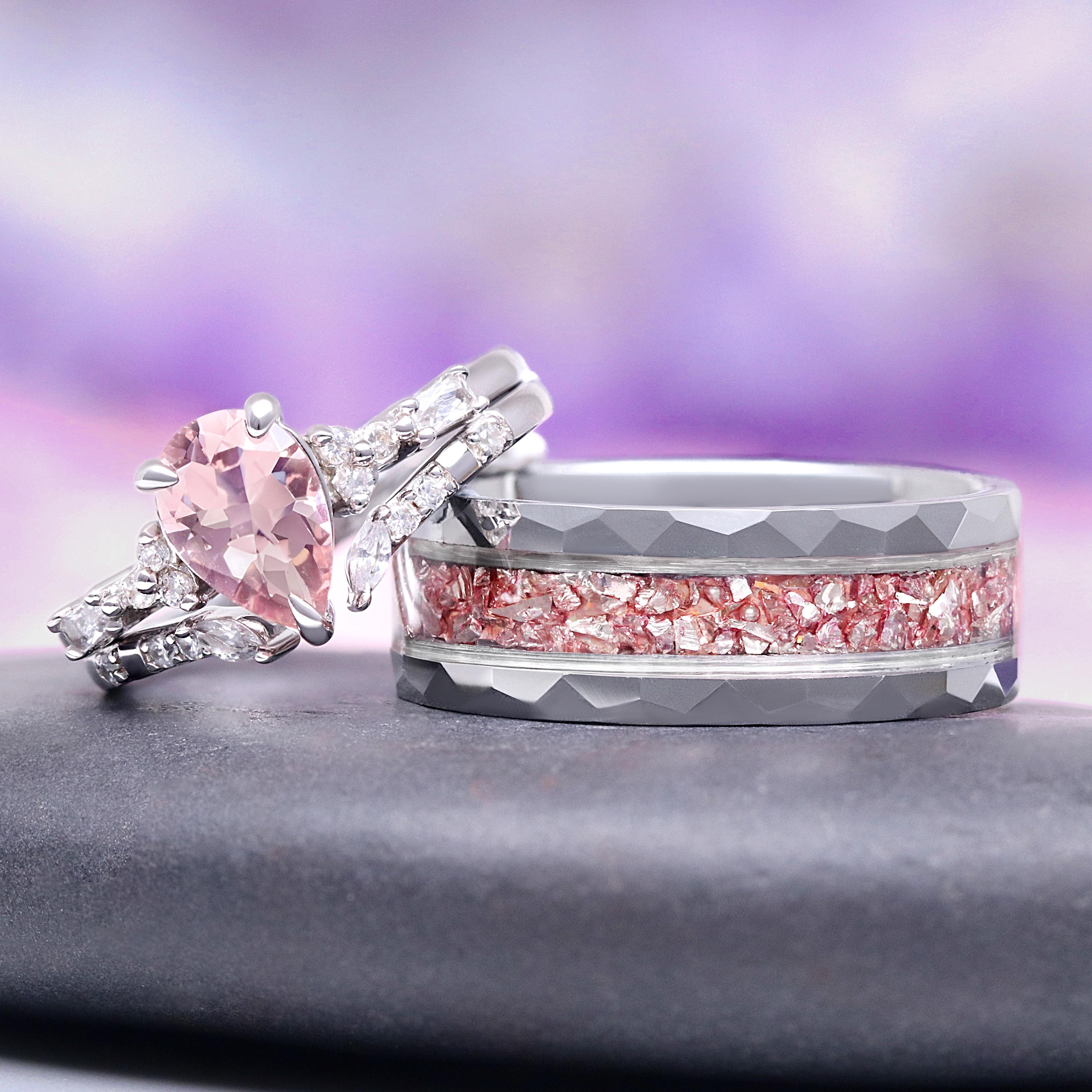 Morganite Couples Ring Set- His and Hers Wedding Band- Crushed