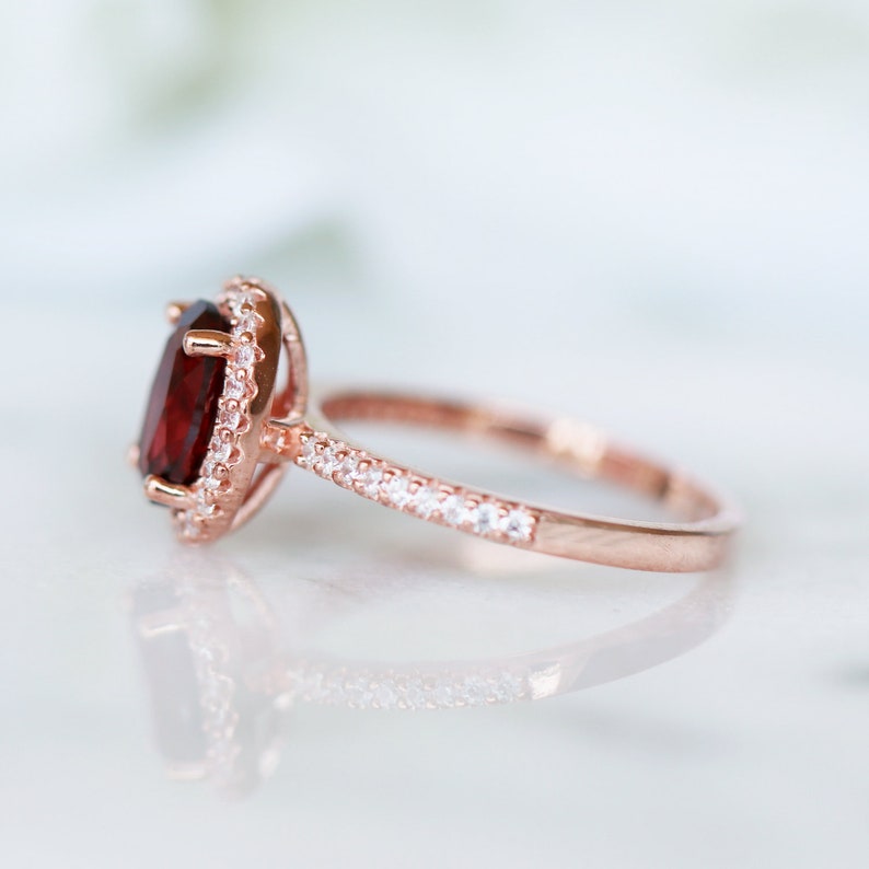 Natural Garnet Ring 14K Rose Gold Vermeil Halo Oval Engagement Promise Ring For Women January Birthstone Anniversary Birthday Gift For Her image 5