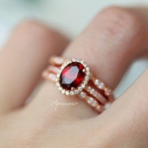 Natural Garnet Ring 14K Rose Gold Vermeil Halo Oval Engagement Promise Ring For Women January Birthstone Anniversary Birthday Gift For Her image 4