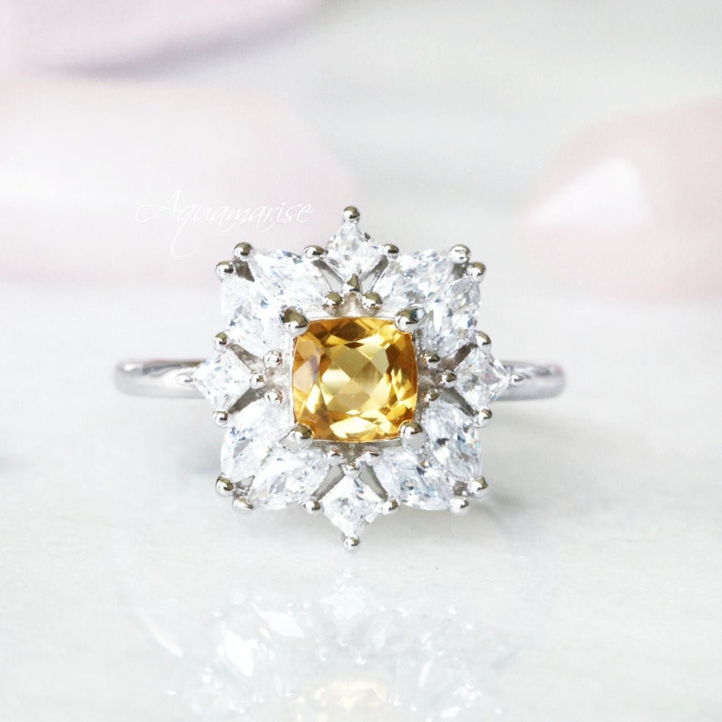 Gift ForHer Anniversary Birthday Gift Engagement Ring Promise Ring November Birthstone Sterling Silver Ring Floral Natural Citrine Ring