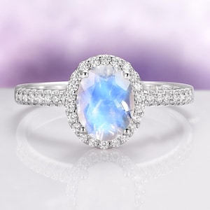 Natural Moonstone Ring in 925 Sterling Silver- Oval Cut Halo Engagement Ring- Unique Promise Ring-  June Birthstone Anniversary Gift For Her