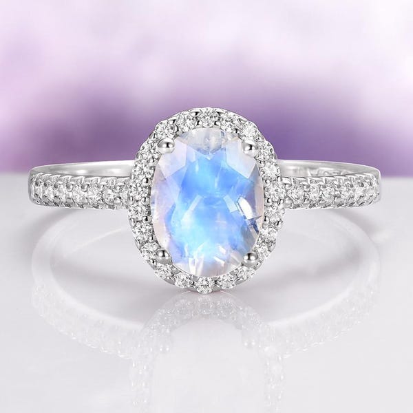 Natural Moonstone Ring in 925 Sterling Silver- Oval Cut Halo Engagement Ring- Unique Promise Ring-  June Birthstone Anniversary Gift For Her